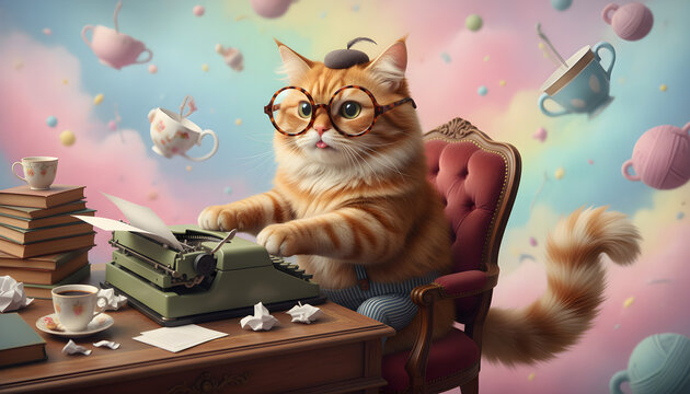 Whimsical Cat Writer Typing on a Vintage Typewriter