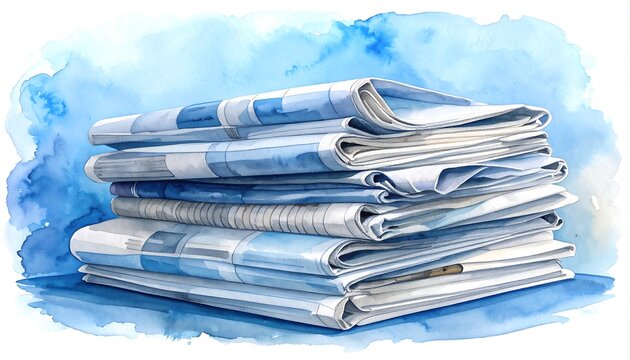 A stack of folded newspapers in shades of blue with a watercolor effect, against a blue, abstract background