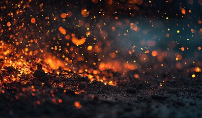 Hot embers dance above dark ground in a fiery, atmospheric scene