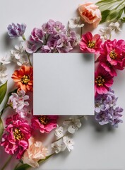 Flowers frame a central white square on soft background