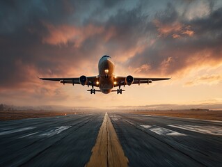 Airplane takes off at sunset, runway lines blur, dramatic sky above