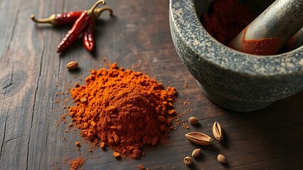 berbere. A small pile of brick-red spice powder on a rustic wooden surface with dried chilies. menu design, packaging mockups, designed for culinary blogs and recipe cards for restaurants.