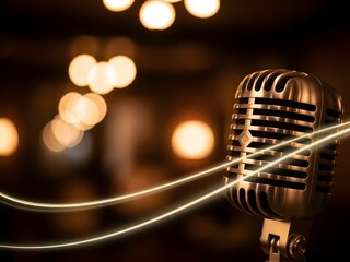dramatic close up of a polished vintage silver microphone illuminated by warm low light soft lamp glow and bokeh dots filling the background evoking a jazz club and professional podcast studio ambianc