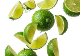 Vibrant green lime slices and wedges, hyperdetailed with glistening water droplets and condensation, dynamically scattering on a transparent background, extreme close-up, concept of invigorating