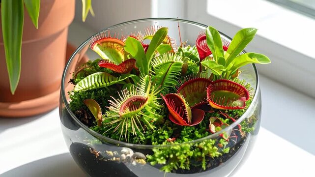 Terrarium with carnivorous plants in a glass bowl on a windowsill.