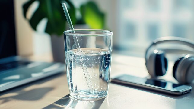 A glass of water with a straw on a table with headphones and a laptop.
