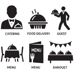 Catering icon set vector. Catering service, food, delivery of ready meals, guest service, menu for event, banquet vector
