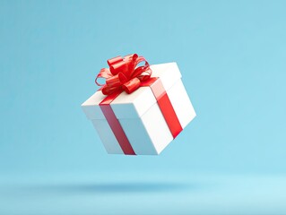Floating white gift box with red ribbon against a light blue background