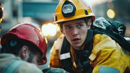 Two firefighters in yellow uniforms and helmets, one with a red helmet, discussing a rescue operation in a city street.