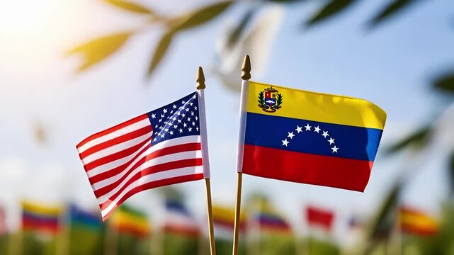 small usa and venezuela flags on wooden sticks standing against a blurred background of other national flags with bright sunlight