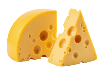Vibrant yellow swiss cheese semi-circular block and triangular wedge with large irregular holes, glossy texture, on a transparent background, close-up studio shot, concept for food advertising
