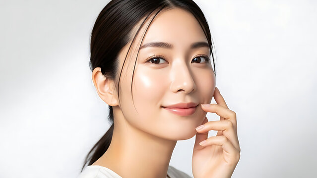 young asian woman skincare portrait with natural makeup smiling and touching her glowing healthy skin in a clean studio setting for beauty advertising.