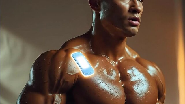 Muscular Man with Glowing Patch on Shoulder Fitness Technology and Intense Focus