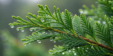 Closeup of evergreen branch with dew drops on needles in a forest setting with nature and tree and plant and outdoor and fresh and morning and wet