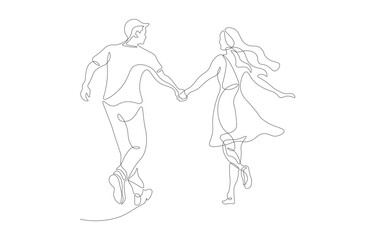 Obraz premium Continuous One Line Drawing of Young Couple Holding Hands and Walking – Romantic Back View Minimalist Line Art Vector