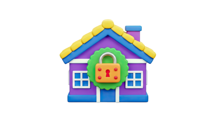 3D Cartoon House with Lock and Key Icon