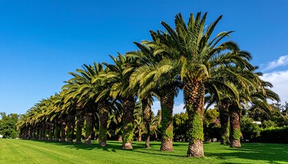 Fototapeta premium Palm trees line a grassy park under a clear sky