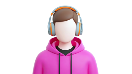 3D render of a person with headphones and a pink hoodie