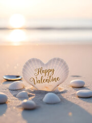 Heart-shaped seashell standing upright in soft beach sand at sunset, surrounded by smooth shells and warm golden light, with &ldquo;Happy Valentine&rdquo; text, conveying romance, tranquility, and seaside love