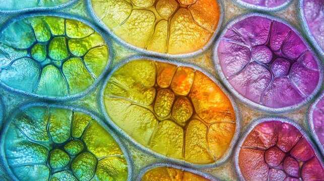 Multicolored, translucent, oval-shaped, circular, and segmented structures with a gradient of colors from green to purple, with a background of a gradient of colors from blue to purple. - Powered by Adobe