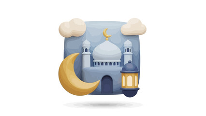Ramadan Kareem Islamic Mosque and Crescent Moon Icon with Lantern and Clouds in a 3D Rendered Style