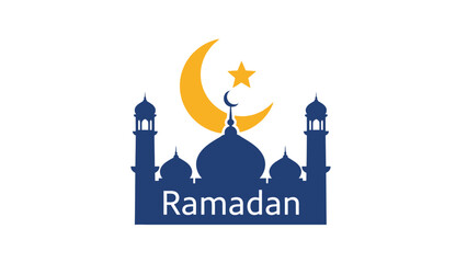 Ramadan Kareem greeting with Islamic crescent moon and star above a mosque silhouette
