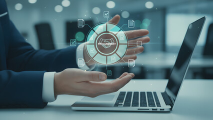 Businessman interacting with procurement icons on a laptop