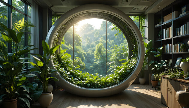 Cozy Study Space with Round Window and Lush Greenery