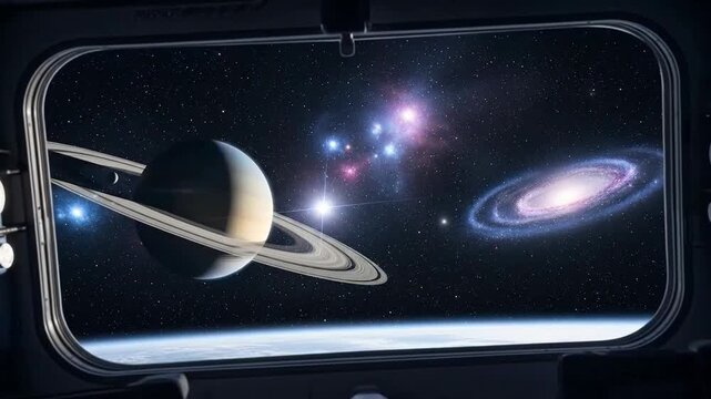 View from a spaceship window of a ringed planet and distant .