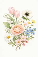 Soft watercolor tulips, daisies, and garden blossoms gather in a romantic spring bouquet on white, perfect for wedding stationery, greeting cards, or feminine branding designs.