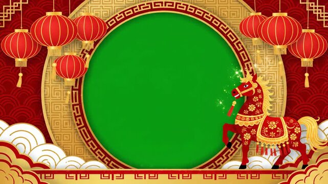 A festive red and gold chinese new year 2026 animation displaying the fire horse zodiac figure and traditional lanterns around a central green screen frame.