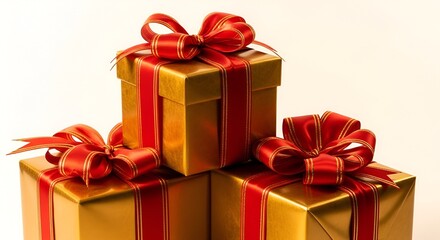 Obraz premium Three gold gifts wrapped with red ribbons on a white background for Image_fx - 2025-11-08T171522.957