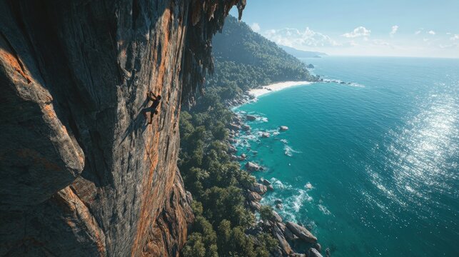 Rock climbing near turquoise ocean coastline