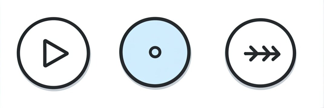 Controls play, stop (blue), and fast-forward symbols in outlined white circles