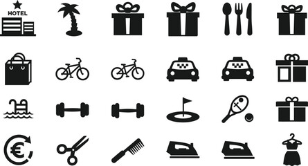 Comprehensive Set of Black Vector Icons Representing Hotel Amenities Travel Services Leisure Activities Wellness Facilities Shopping and Luxury Guest Experience Options