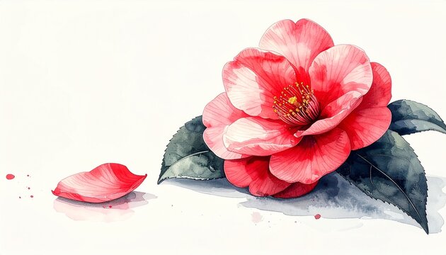椿と落花を描く和墨絵コスメ背景