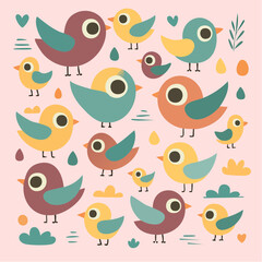 Fototapeta premium chirps and charms: whimsical birds in warm hues flutter across a pastel field of playful delight