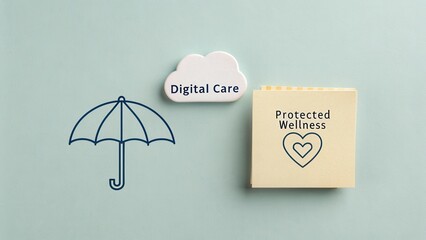 Digital Care Concept Featuring Umbrella Icon and Notepad on Soft Blue Background for Health and Wellness Promotion