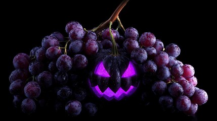 Purple jack o lantern surrounded by fresh juicy grapes