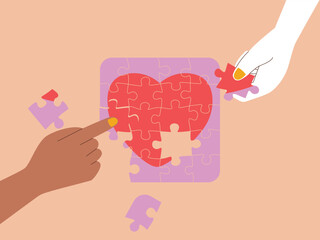 Two hands of different skin tones assemble a red heart puzzle. A warm, minimalist illustration symbolizing collaboration, healing, and shared love
