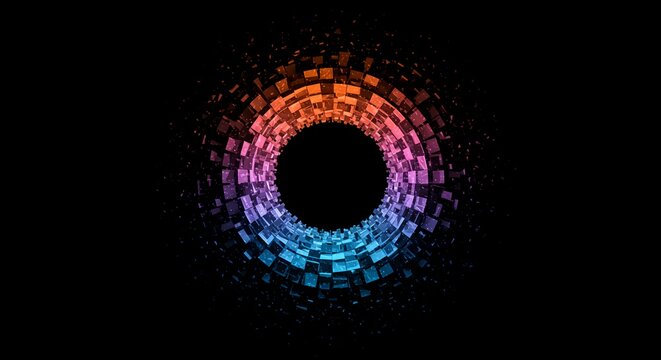Abstract visualization of geometric order dissolving into an empty, dark void, representing the inescapable law of increasing disorder and ultimate decay, minimalist, law, space