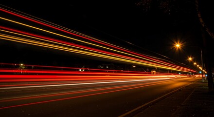 Dynamic long exposure photography capturing vibrant red and yellow streaks of vehicle lights against a dark, nocturnal urban setting, street, exposure, design