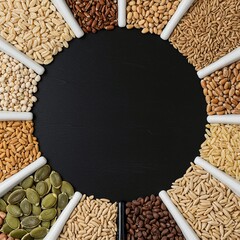Empty circular space surrounded by various raw grains and seeds, providing perfect copy space for agricultural product information or recipe text, agriculture, corn, negative space