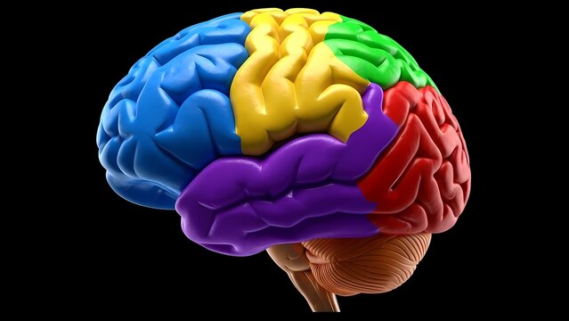 3D medical illustration of a human brain with colorful lobes, showing functional areas including the frontal, parietal, temporal, and occipital lobes on a black background