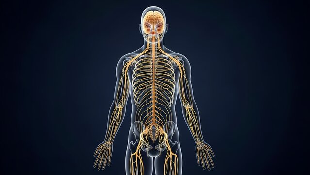 3D medical visualization of the human nervous system and brain within a transparent body silhouette, highlighting the spinal cord and peripheral nerves on a dark background