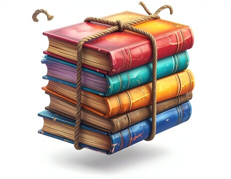 A stack of colorful, aged books bound with rope, white backdrop