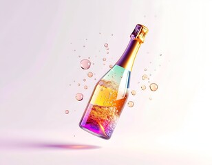 A floating champagne bottle with bubbles, glowing liquid and golden cap