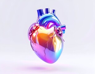 Metallic, iridescent human heart model against a clean, white background