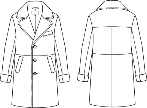 Technical fashion flat sketch of a men winter long overcoat with faux fur collar and cuffs front and back view,
