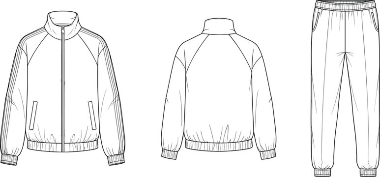 Technical fashion flat sketch of a unisex tracksuit set featuring a zip-up raglan jacket and matching joggers with elastic cuffs.